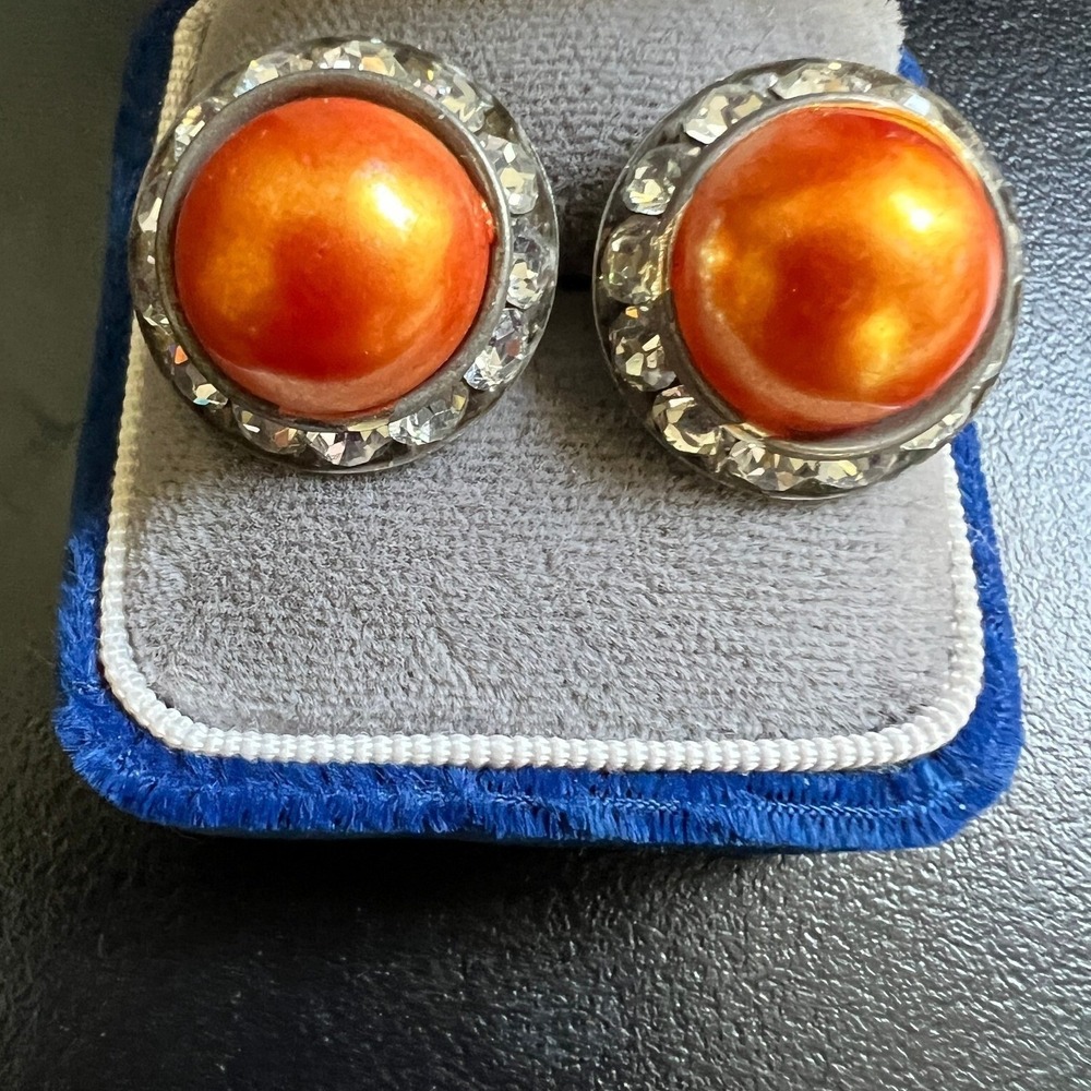 Vintage‎ Pierced Button Earrings Orange Faux Pearl Rhinestone Accent Silver Tone